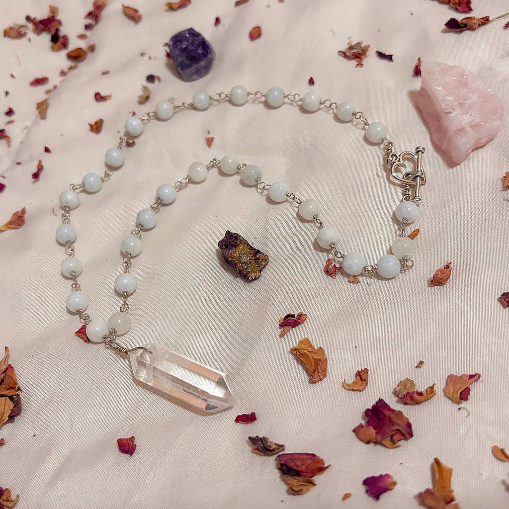 Veil of Truth | Celestite & Clear Quartz Necklace in Sterling Silver