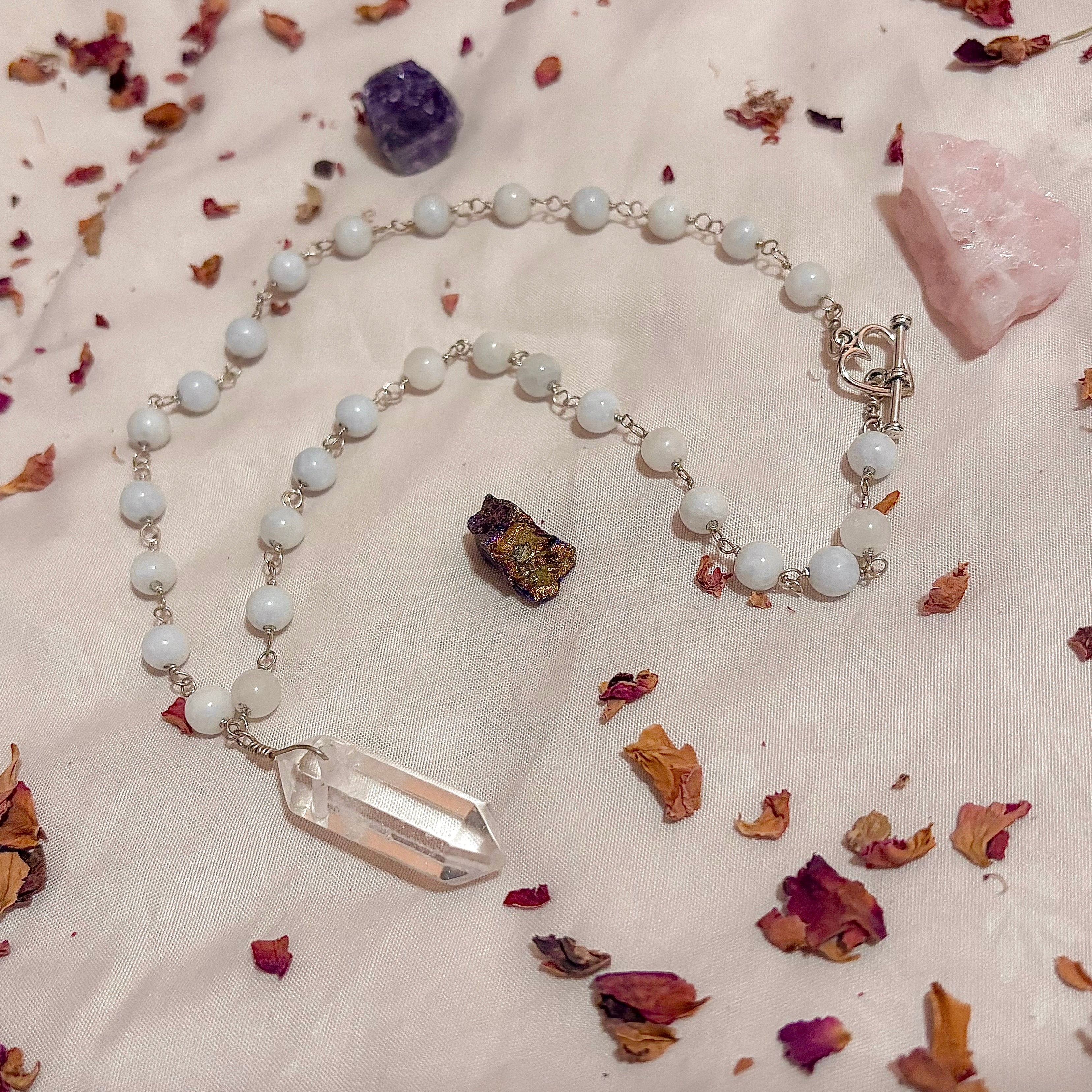 Veil of Truth | Celestite & Clear Quartz Necklace in Sterling Silver