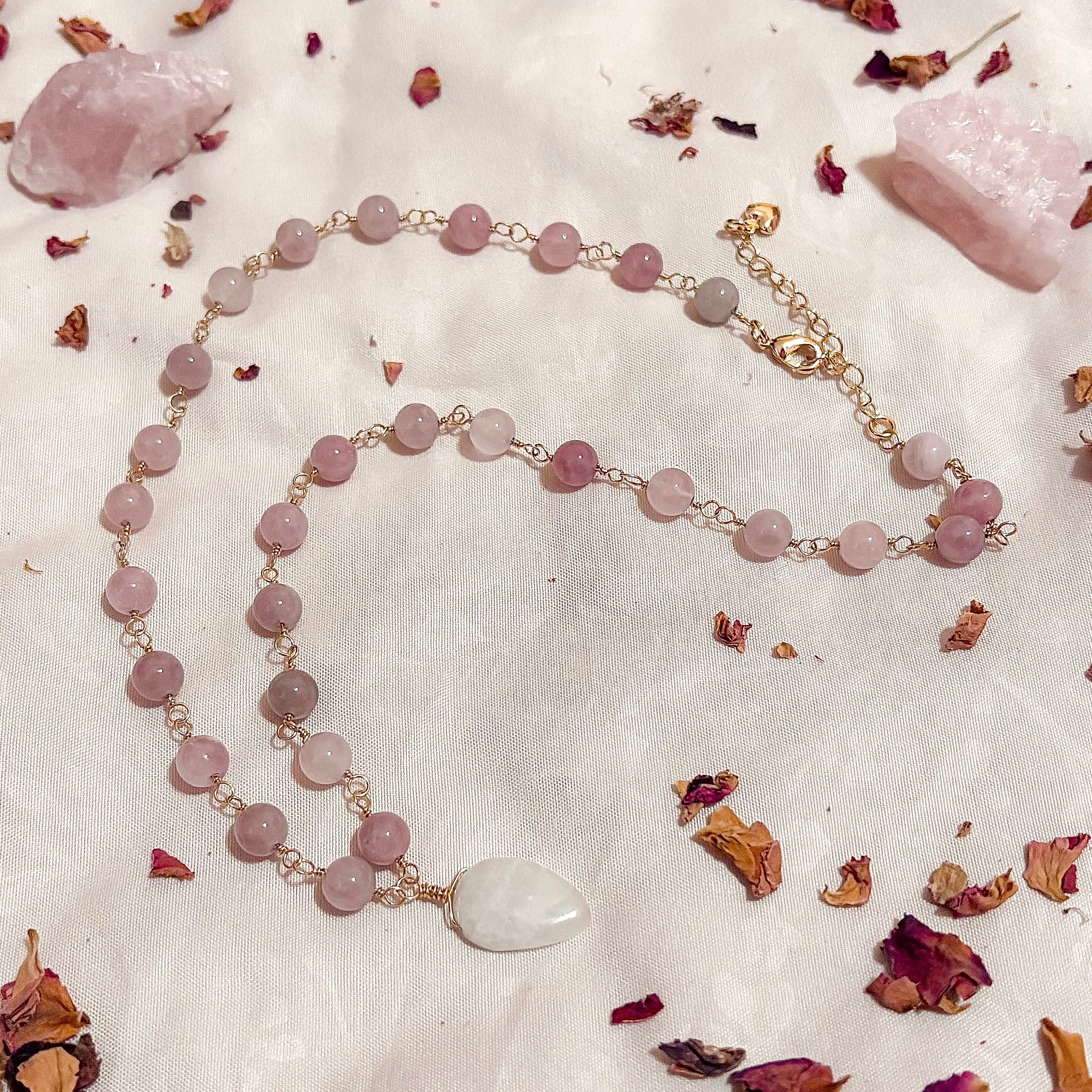 Velvet Venus | Rose Quartz & Moonstone Necklace Gold Filled